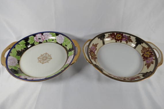 Pair of Vintage Hand Painted Noritake Bowls Different Green Back Stamp