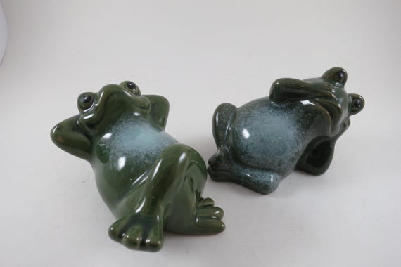 Pair of Whimsical Kicked Back Lounging Green & Blue Frog Figures Display