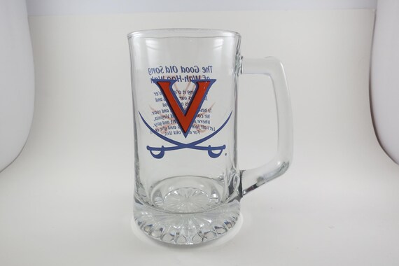 Large Vintage Virginia Cavaliers Heavy Drinking Glass Beer Mug 6 1/2 Inches Tall D Handle Excellent Condition