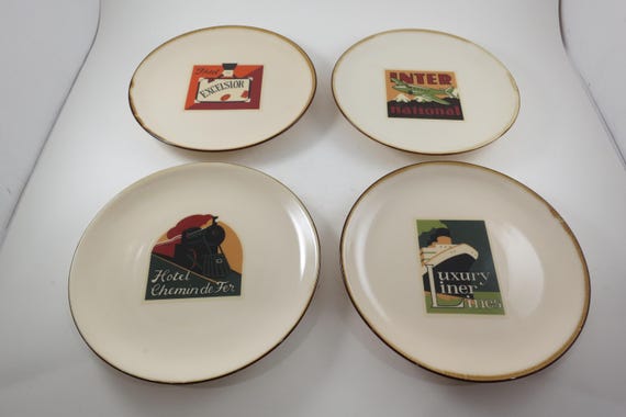 Set of Four Vintage Pottery Barn 2002 Travel Salad Size Collector Plates