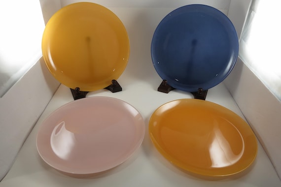 Set of 4 Vintage Luminarc Dinner Plates – 10.5 Inch Orange Blue Violet ARC France