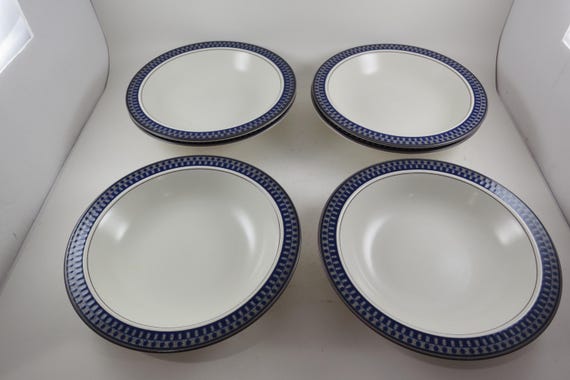 Vintage Mikasa Aztec Blue Ironstone Soup Bowls, Set of 6