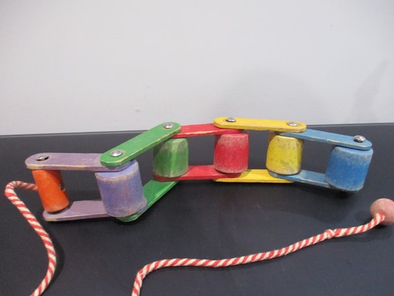 Vintage 1950's Playskool Wooden Roller Caterpillar Jointed Pull Toy Very Good Original Condition
