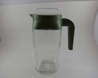 Vintage ARC France Ribbed Glass Juice/Water Jar Green Top and Plastic Lid