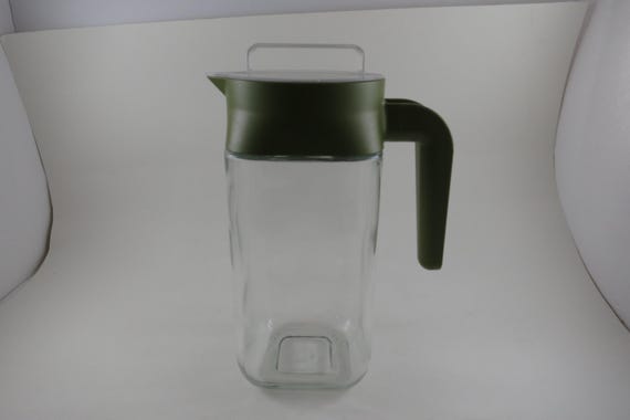 Vintage ARC France Ribbed Glass Juice/Water Jar Green Top and Plastic Lid