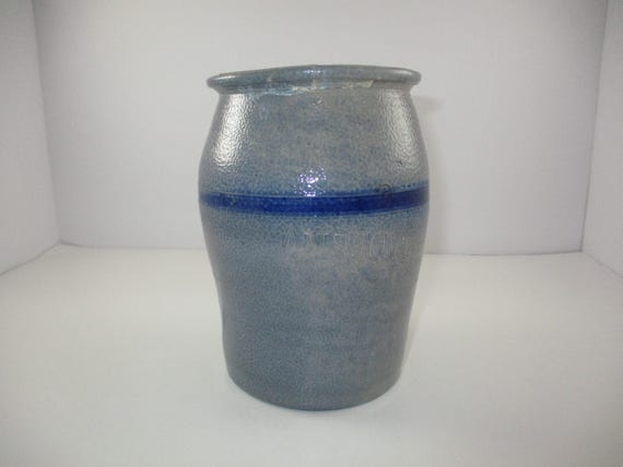 Antique Saltglaze Pottery Crock 6 1/2 Inches Gray with Cobalt Stripe Engraved Ansjovis Good Original Condition
