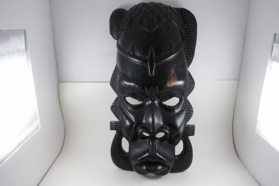 Vintage Hand Carved Solid Wood Large African Tribal Mask Wall Decor 18 Inches Tall