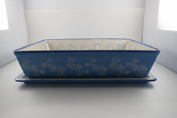 Temptations by Tara Light Blue Floral Lace 13x9 4 Quart Baker with 15x9 cookie Tray
