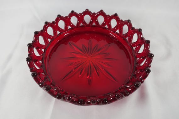 Vintage Ruby Red Westmoreland Doric Open Lace Edge Bowl with Starburst Pattern