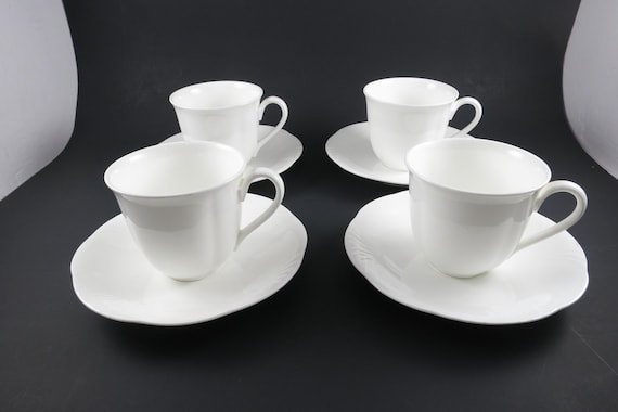 Set of Four Villeroy & Boch Arco Weiss Cup and Saucer Sets All White Embossed