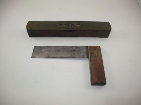 Pair of Vintage Brass Metal Wood Tools Level and Square L Carpenter Tools Good Original Condition