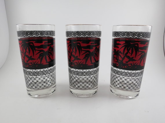 Set of Three Vintage MCM Tropical Highball Tumblers Black Red Silk Screen Design