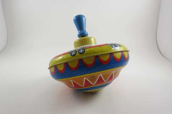 Vintage Tin Toy Spinning Top Ohio Art Company Metal Wooden Handle