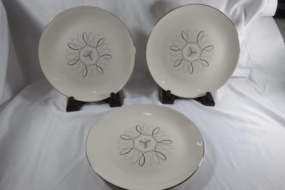 Set of Three Sevron China Carousel Pattern MCM Atomic 10 1/8 Inch Dinner Plates