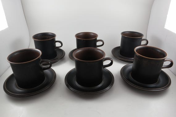 1960s Arabia Finland Stoneware Ruska Cups and Saucers, Set of 6