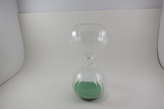 Vintage Glass Hourglass with Green Sand 7 1/2 Inches Tall Swirl Glass