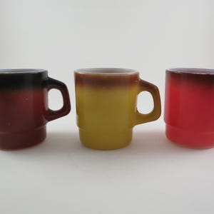 Three  Fire King Ware Orange Red Yellow Coffee Mugs Milk Glass Very Good Condition