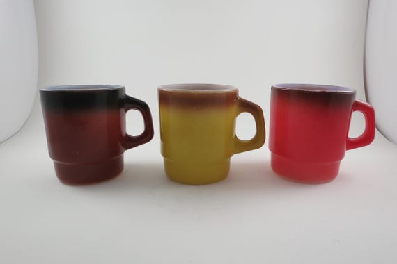 Three Vintage Fire King Ware Orange Red Yellow Coffee Mugs Milk Glass Very Good Condition