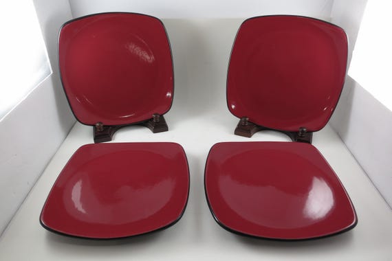 Set of 4 Corelle Hearthstone Chili Red Square 8 3/4 Inch Luncheon Plates