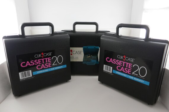 Three Vintage Black Click Case Cassette Carrying Case 1980's Hard Shell with Handle Holds 20 Cassettes Each 60 Total Excellent Condition