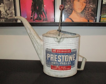 Fabulous 1940's Prestone Anti Freeze Huge Gas Station Can With Spout Handles Huge and Rare Galvanized Steel Free Shipping