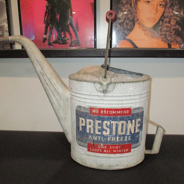 Fabulous 1940's Prestone Anti Freeze Huge Gas Station Can With Spout Handles Huge and Rare Galvanized Steel Free Shipping