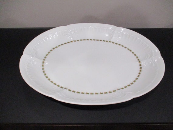 Beautiful  Limoges France 16 1/2 Inch Large Meat Serving Platter Green Plant Gold Bow Design Scalloped Edges Huge Free Shipping