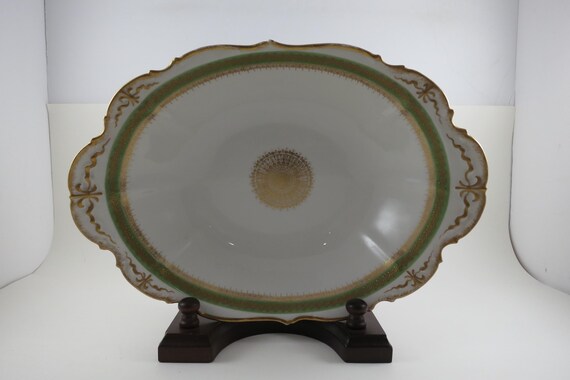 Vintage Charles Field Haviland Limoges 10 3/4 Inch Oval Vegetable Bowl Green & Gold