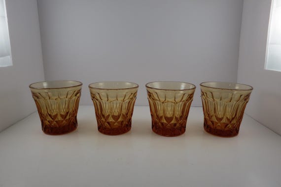 Set of Four MCM Noritake Perspective Amber Double Old Fashioned Diamond Pattern Whiskey Glasses Excellent Condition