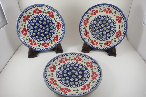 Set of 3 Wiza Polish Pottery Salad Plates, Hand-Painted Peacock Motif