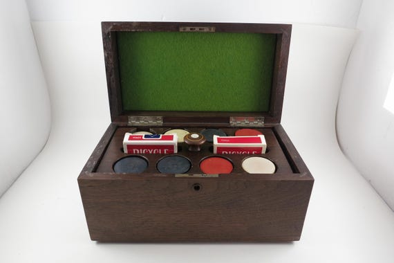 Vintage Poker Set with Hundreds of Chips 2 Card Decks Custom Antique Box