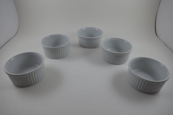 Set of Five Aplico France White Ramekins 3 1/2 Inches Ribbed
