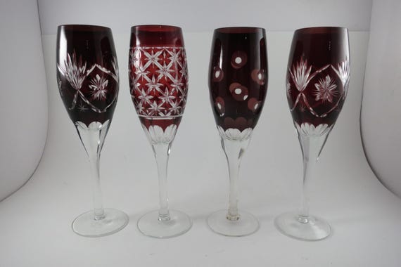 Set of Four Bohemian Ruby Red Cut to Clear Crystal Champagne Flutes