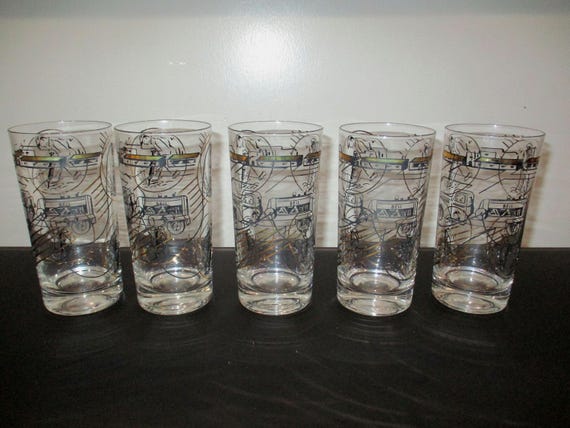 Set of Five Scarce Advertising Promotional Drinking Glasses Bell Air Compressor Rental Company Gold Trim Mint Condition Free Shipping