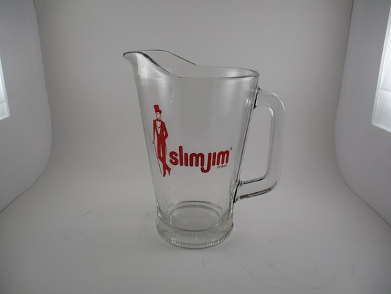 Large 48 Oz Vintage Slim Jim Brand Beer Water Pitcher Red Lettering Perfect Condition