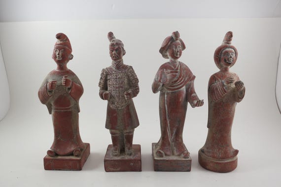 Four Piece Antique Terracotta Chinese Figures Polystone 6 1/2 Inches Tall As Shown