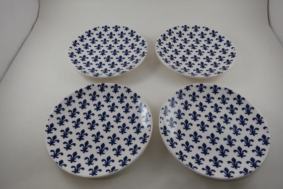 Vintage Sur La Table Fleur de Lys Blue & White Bread Plates-Set of 4