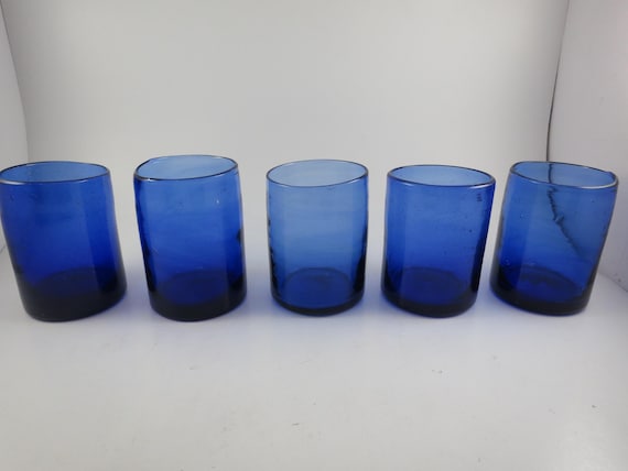 Set of Five Hand Blown Cobalt Blue Drinking Glasses Tumblers