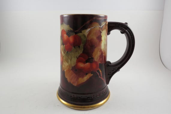 Stunning Vintage Limoges France Wm Guerin Hand Painted Tankard Cherries Gold Trim Artist Signed 6 Inches Tall An Absolute Must See