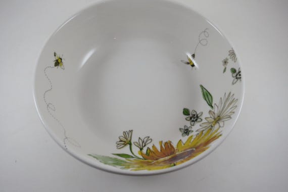 Vintage Fitz & Floyd Meadow 8 1/4 Inch Serving Bowl Bees Yellow Blue Flowers