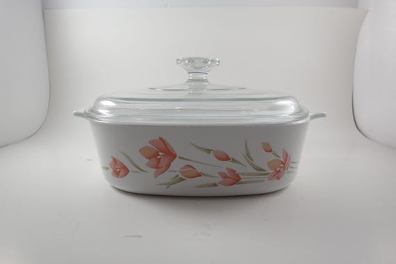 Vintage Corning Ware Peach Floral 2 Liter Saucepan with Glass Lid