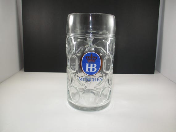 Vintage Munchen Large Heavy Glass Beer Mug 1 Liter Dimpled Glass Pristine Condition 8 Inches Tall