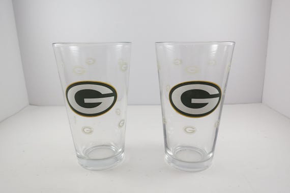Pair of Green Bay Packers 90s Drinking Glasses with Emblem 6 Inches Tall Excellent Condition