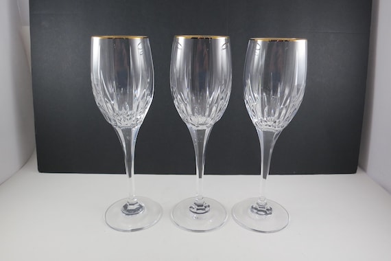 Set of Three Mikasa Arctic Lights Crystal Stemmed Wine Glasses Gold Band 8 1/4 Inches Tall Beautiful Condition