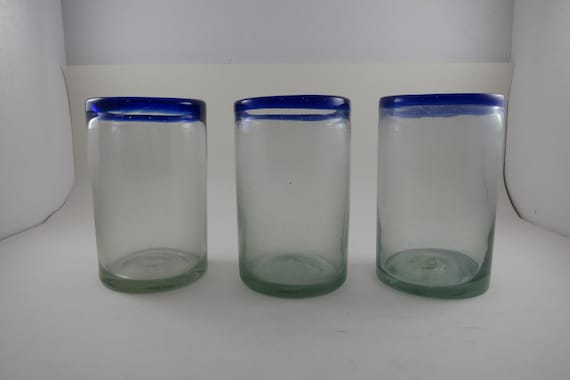 Vintage Set of Three Hand Blown Glass Tumblers with Blue Rims