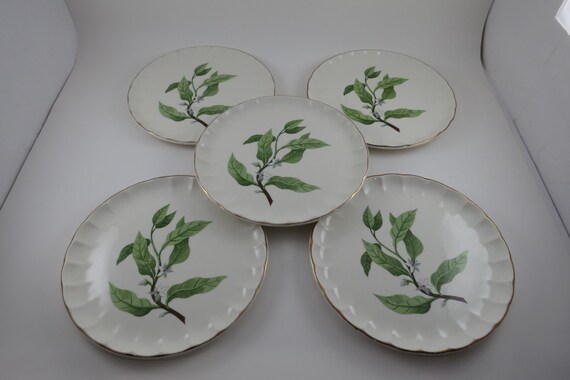 Set of Five WS George Bolero MCM Green Leaves 7 1/4 Inch Salad Plates