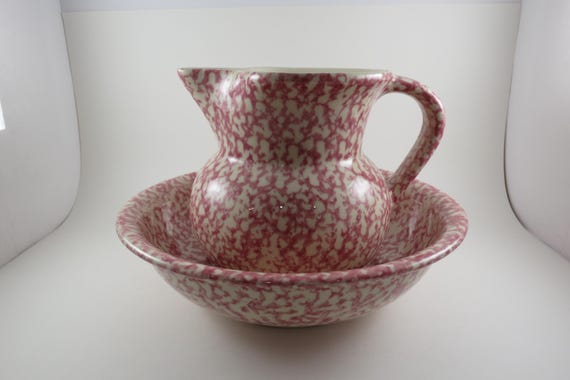 Vintage Henn Pottery Roseville Ohio Red Spongeware 2 Piece Bowl and Pitcher Set Excellent Condition