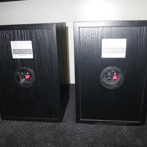 May include: Two black rectangular speakers with wood grain texture. Each speaker has a circular port with red and black connectors. White labels are affixed to the back of each speaker.