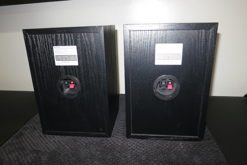 May include: Two black rectangular speakers with wood grain texture. Each speaker has a circular port with red and black connectors. White labels are affixed to the back of each speaker.
