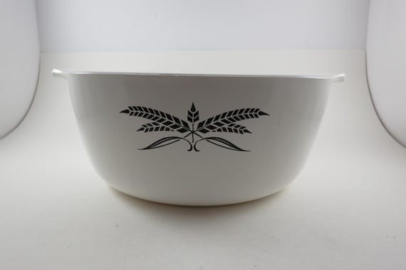 Vintage Anchor Hocking Milk Glass Casserole Dish - Black Wheat Pattern